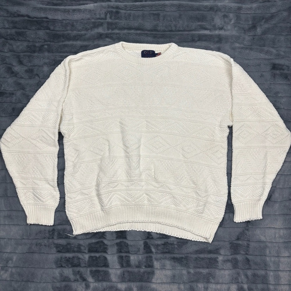 Old Glory Vintage Cream White Cotton Knit Sweater Made in USA Mens XL Geometric